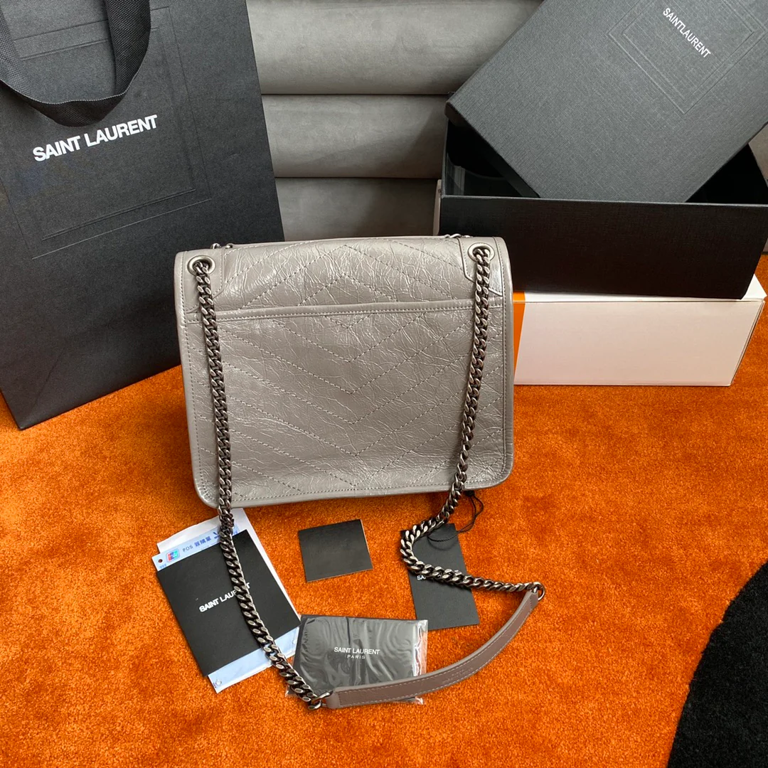 YSL Medium Niki - Светло-серая кожа с масляным покрытием - С замшей D-Buck