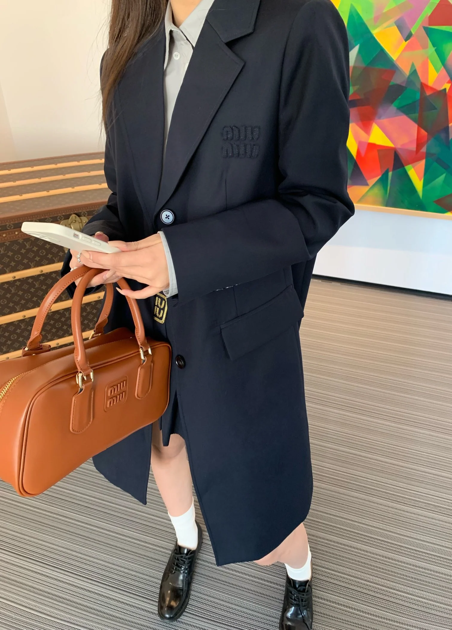 Miu Miu-2404-24ss-Весна/Лето Miu Темно-синее повседневное длинное пальто для костюма