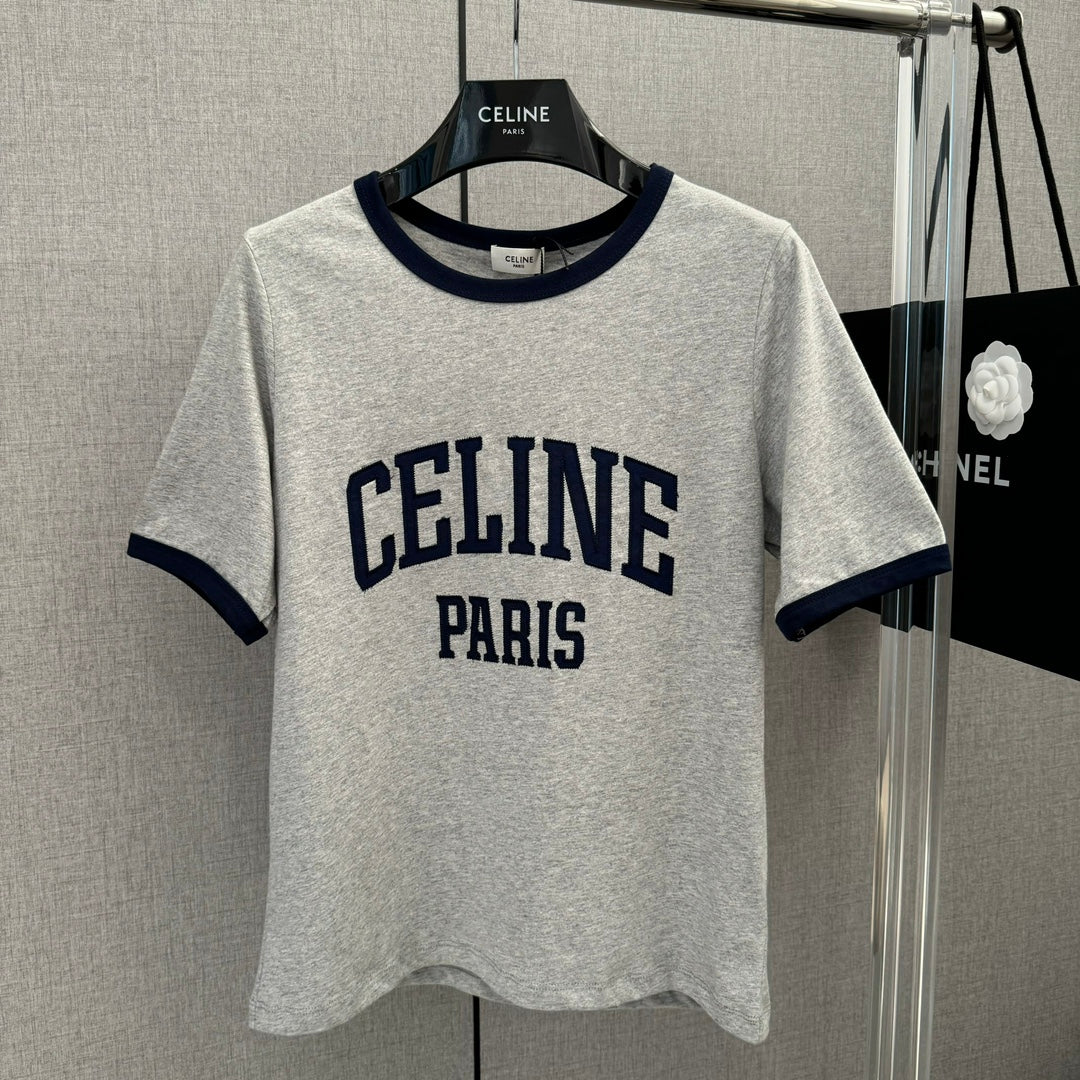 Celine-2404-24 Летняя новая футболка с вышитым логотипом и аппликацией