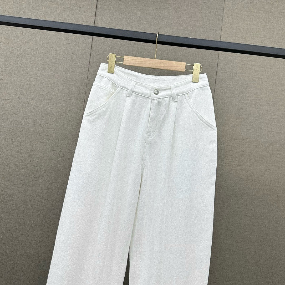 Джинсы Chanel 2403 Весна/Лето с логотипом, высокой талией и широкими штанинами - белые