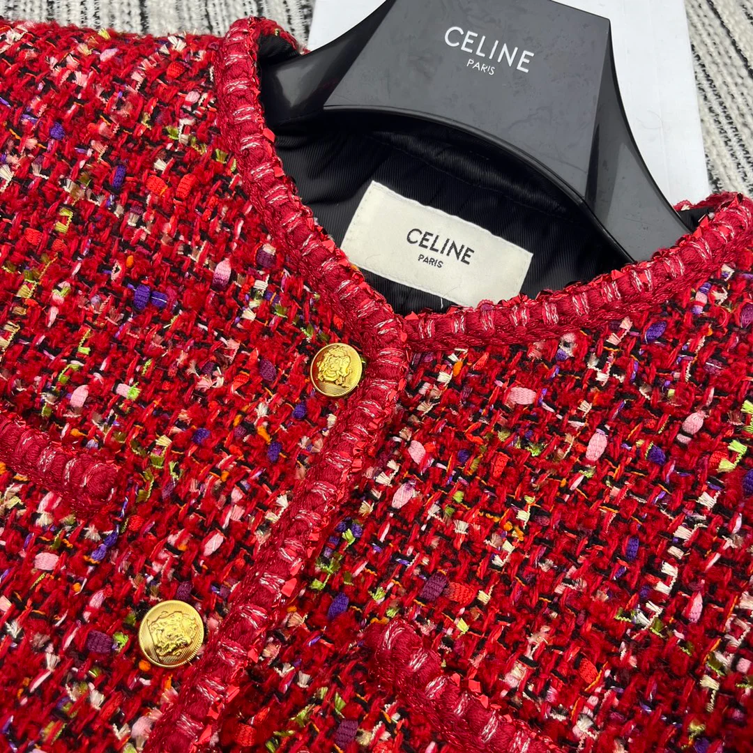 Celine - 2403 - Новая красная твидовая куртка для ранней весны 2024 года