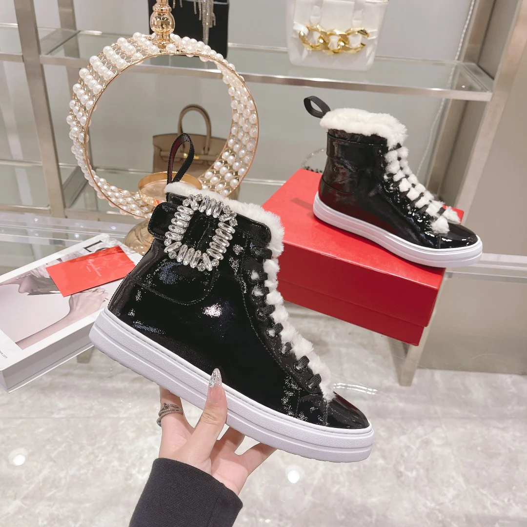 RV-Diamond Buckle Patent Leather Fur Lined High-top Shoes-White Fur Lining
