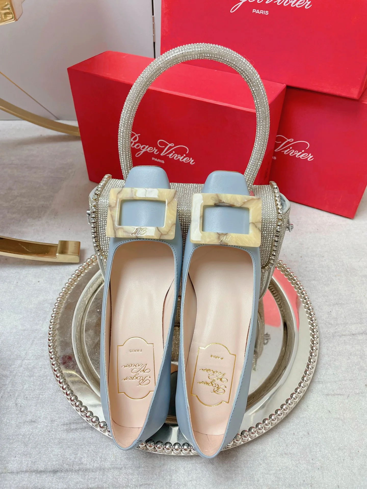 Туфли RV - замшевые, черепахового цвета, с пряжкой, на высоком каблуке - 4-5 см - светло-голубые