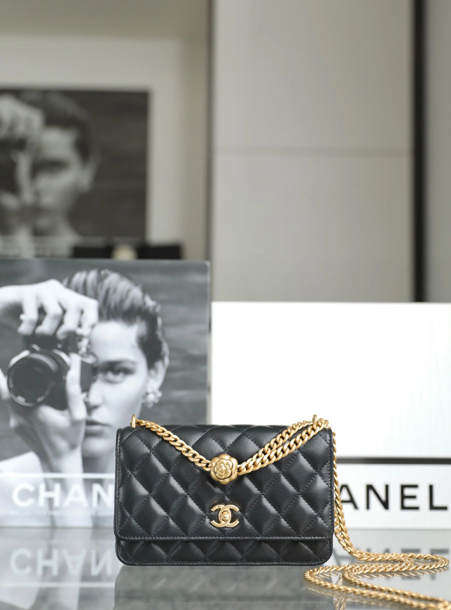 Весенняя коллекция Chanel 2023 - Регулируемая пряжка Camellia WOC - Овечья кожа - Черный - 19 см