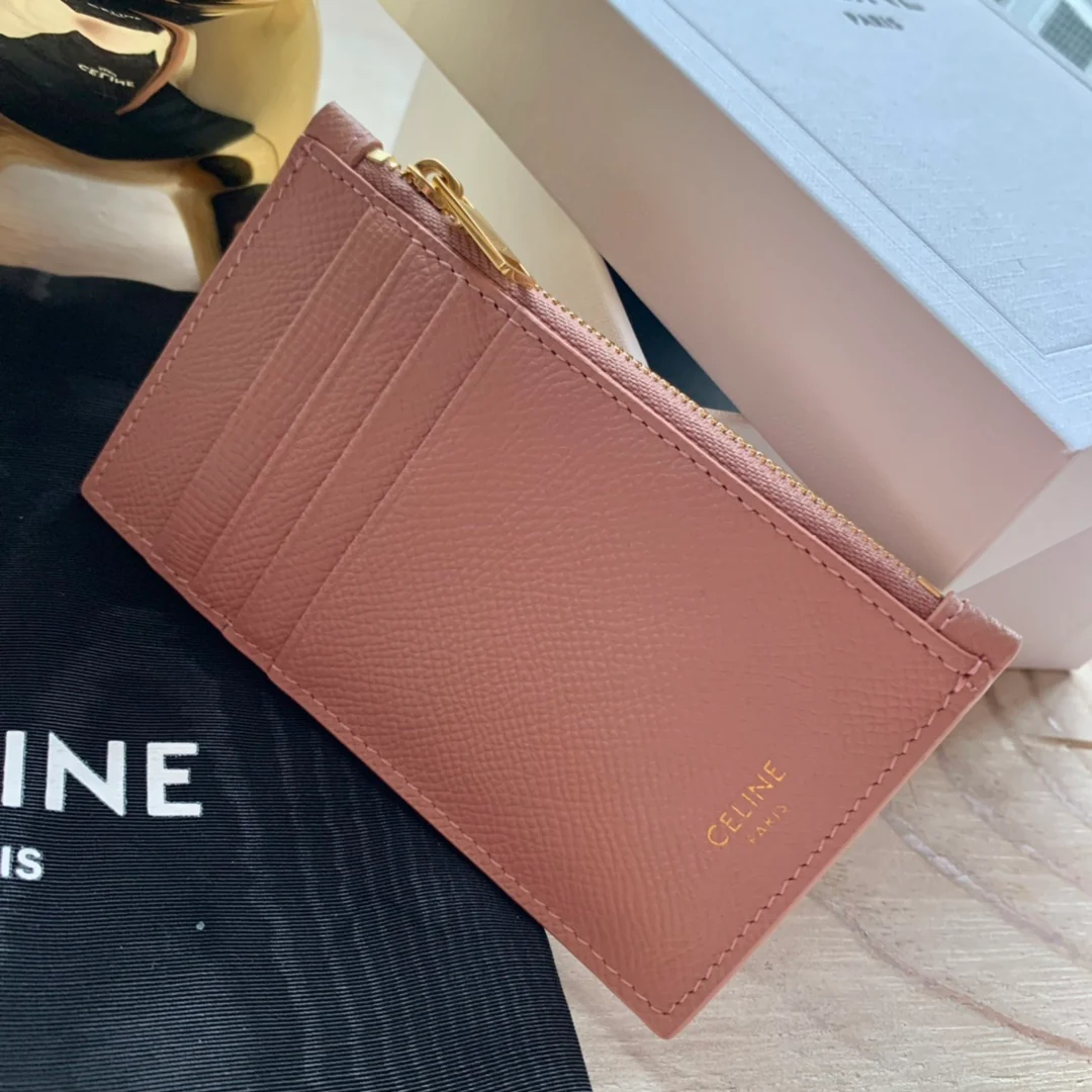 Кардхолдер Celine из зернистой телячьей кожи с застежкой-молнией - розовый