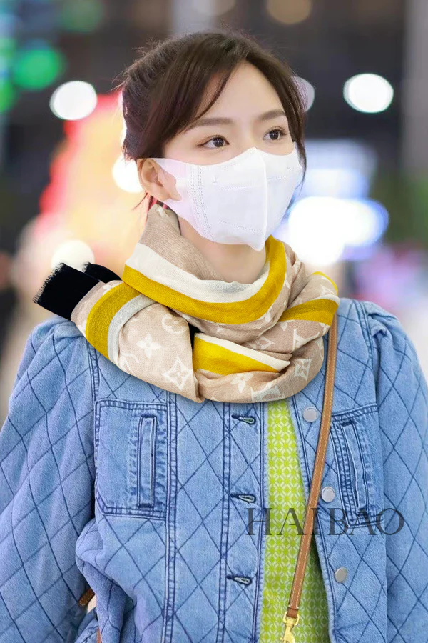 LV - Длинный шарф с контрастной каймой - 110-200 см - 100% кашемир - Бежевый