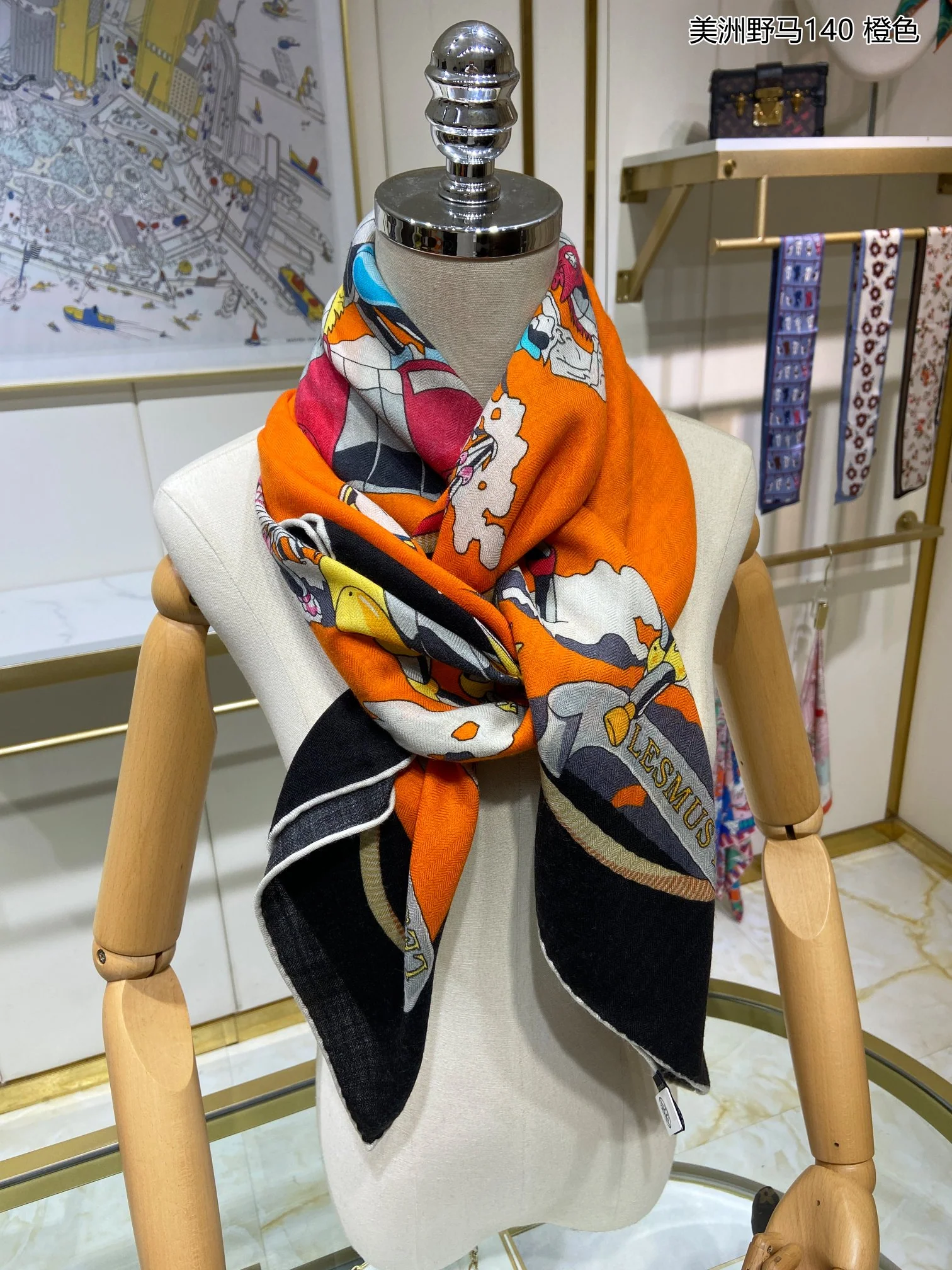 Квадратный шарф Hermes Mustang - 140 см - 70% кашемир - 30% шелк - оранжевый