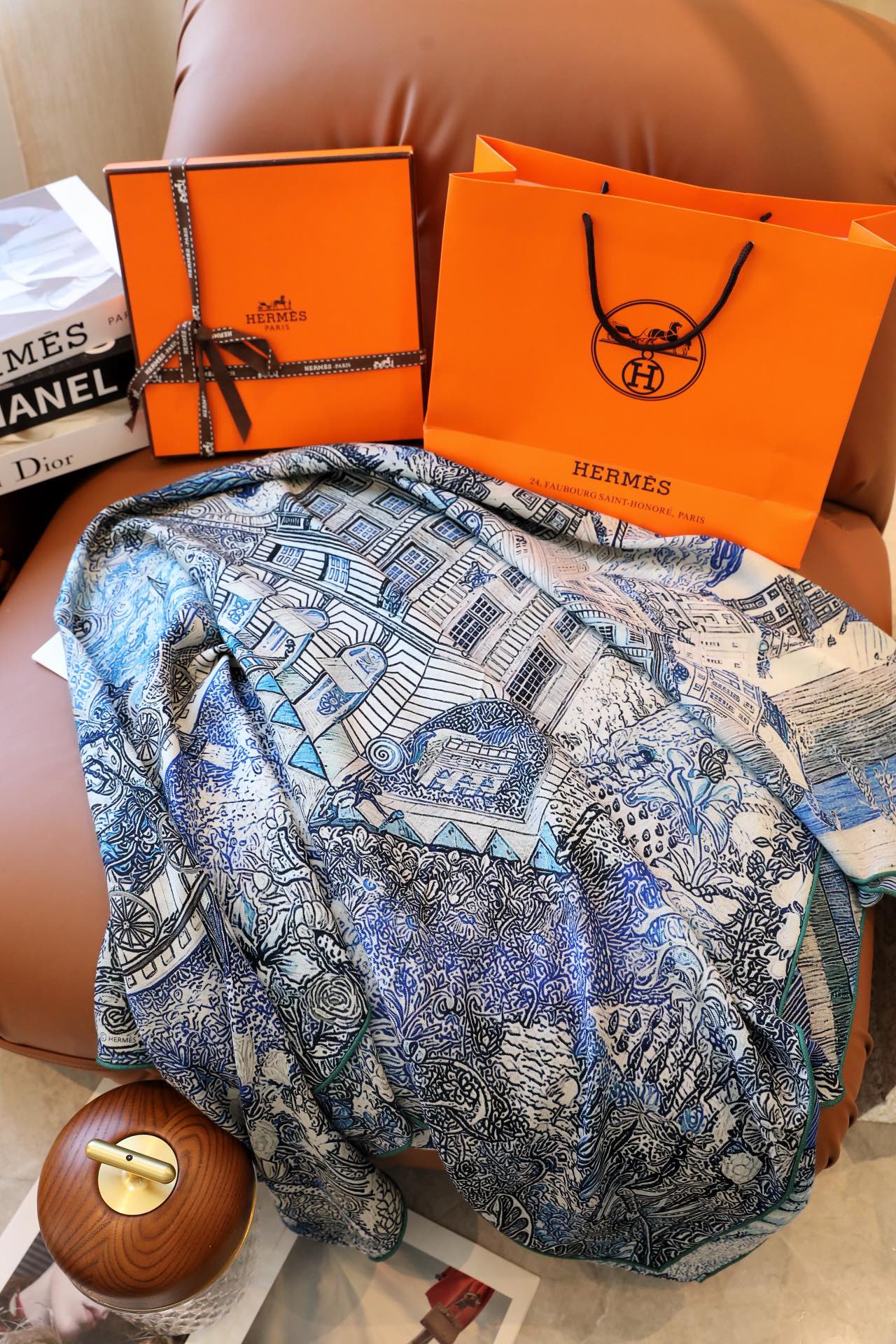 Большой шарф Hermes Dreamy Design 2024 — синий