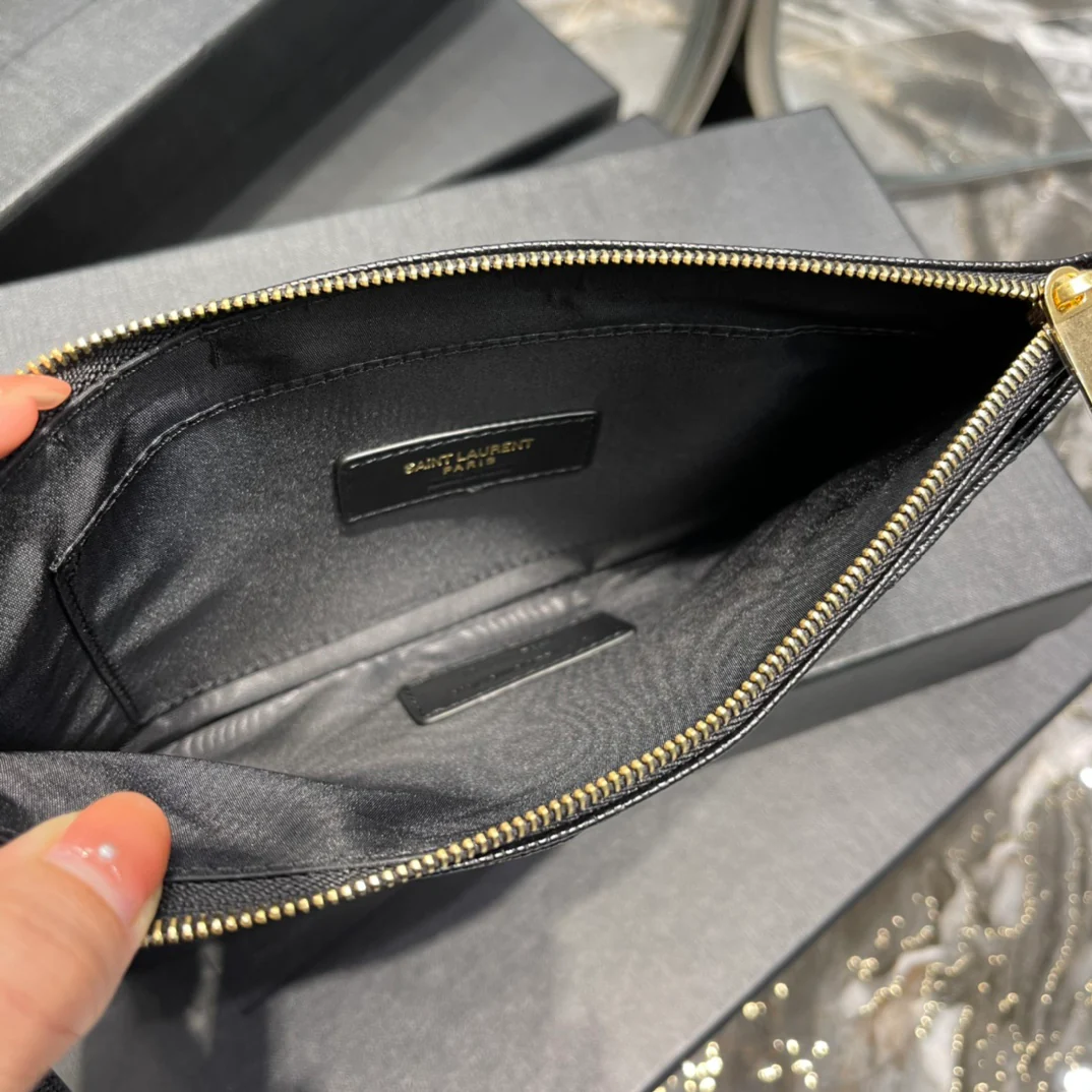 Клатч YSL на молнии - плоский кошелек - черный с золотой пряжкой