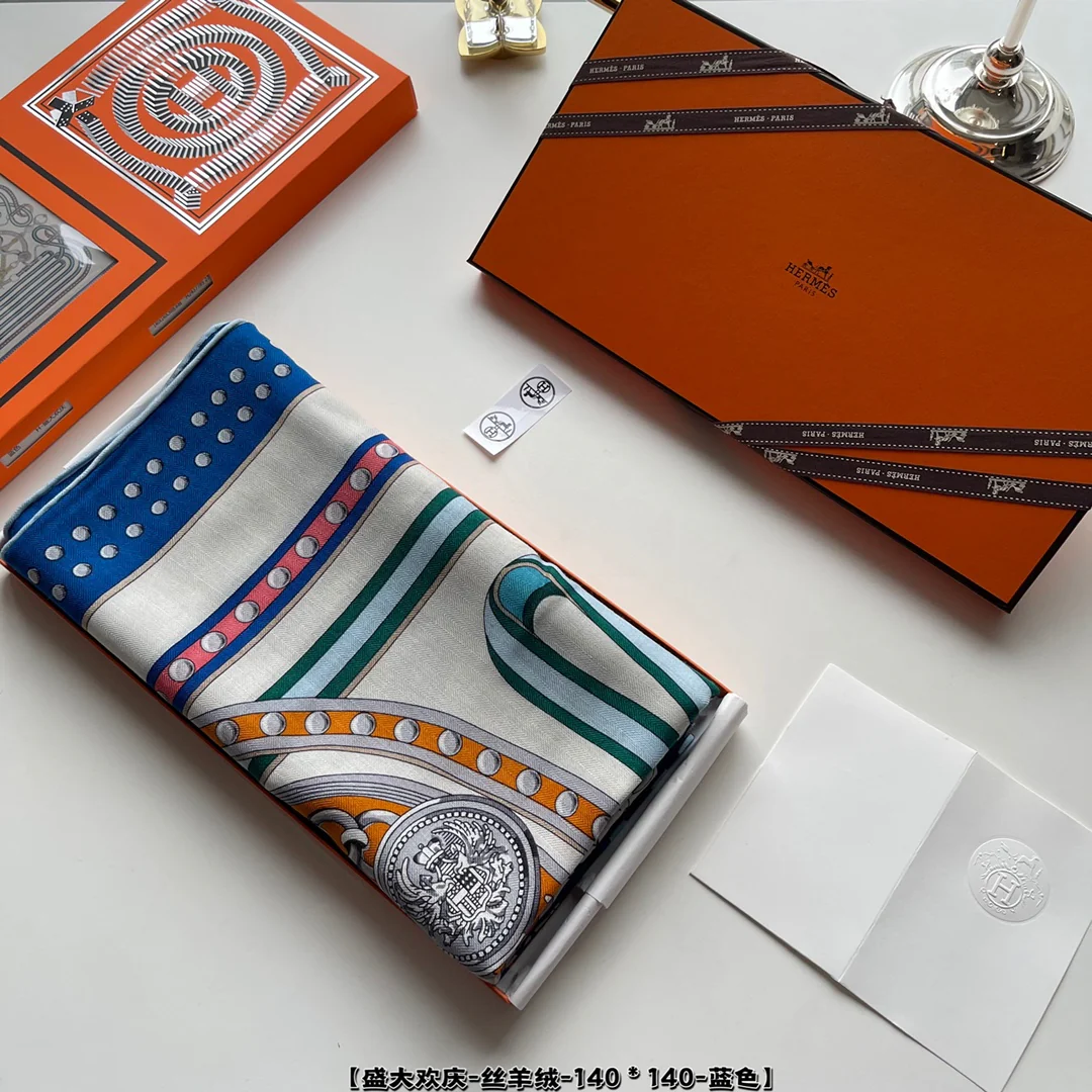 Шелковый кашемировый шарф Hermes Grand Celebration - 140