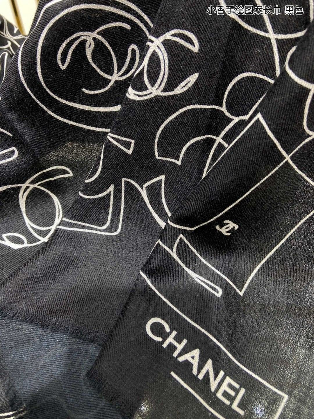 Chanel - Длинный шарф с ручной росписью - 110-200 см - 100% кашемир - Черный