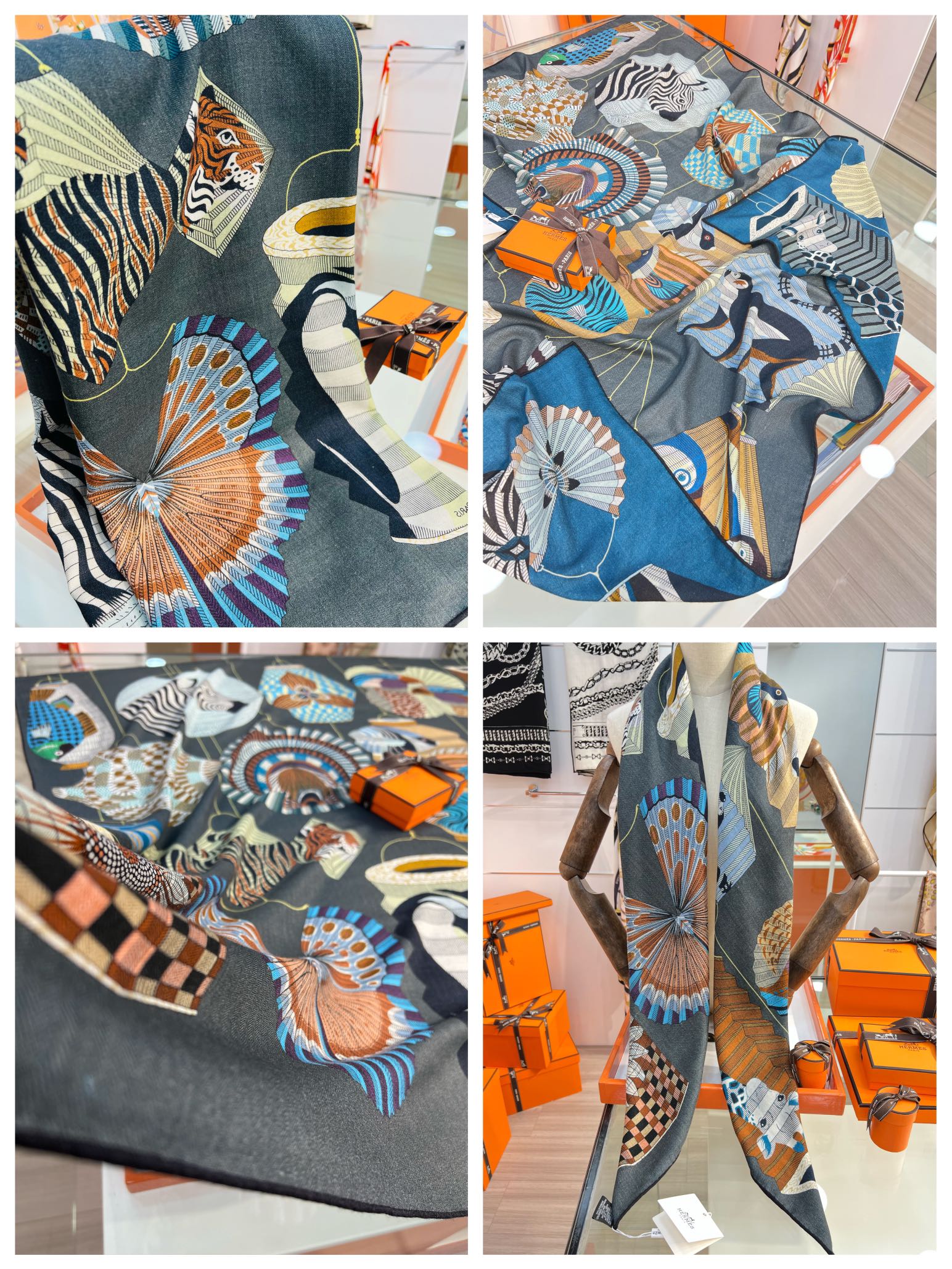 Большой двусторонний бархатный шарф Hermes - 140 см - 003