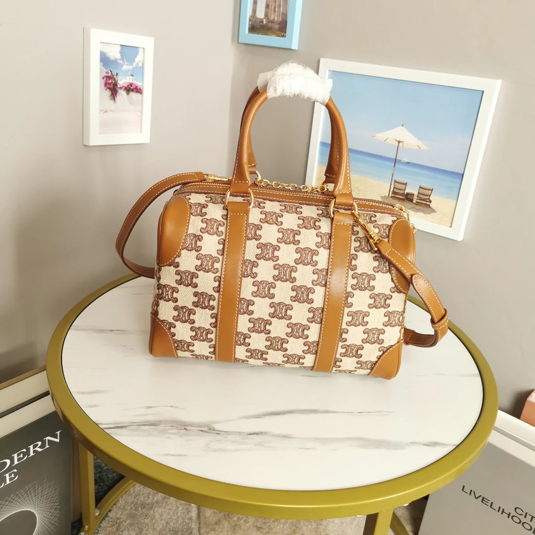celine-triomphe_boston-Boston bag-embroidered brown