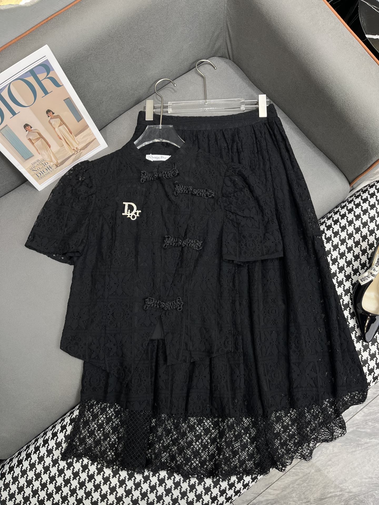 Новый кружевной костюм Dior 2403-24ss весна/лето - черный