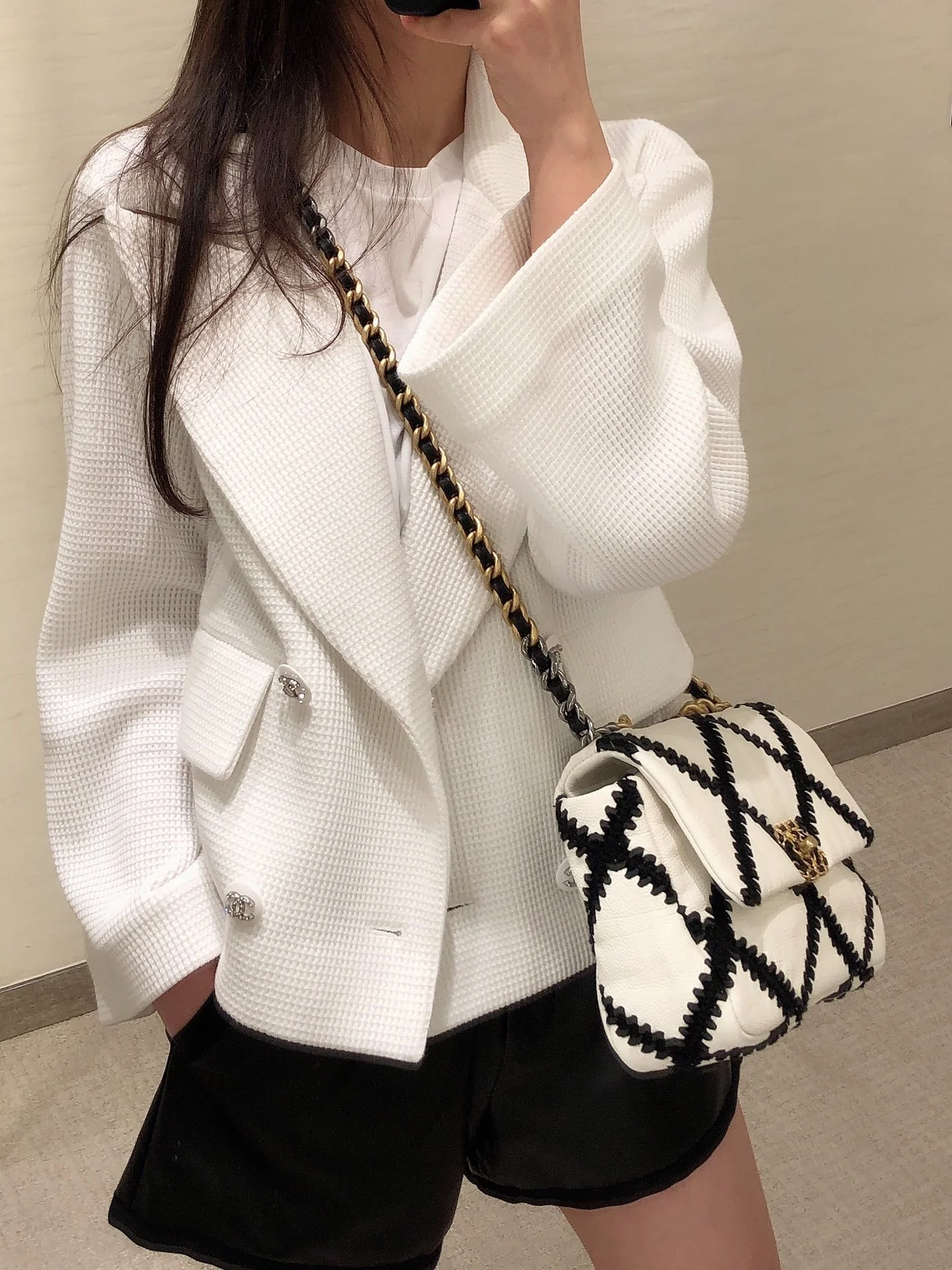 Сумка Chanel 19 - Кожаная - Черно-белый клетчатый узор