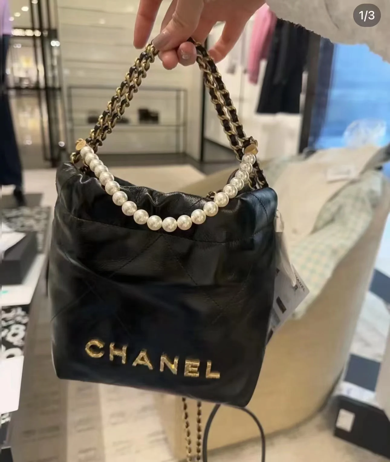 Сумка Chanel No. 22 - черная - двойная цепочка - жемчужная цепочка