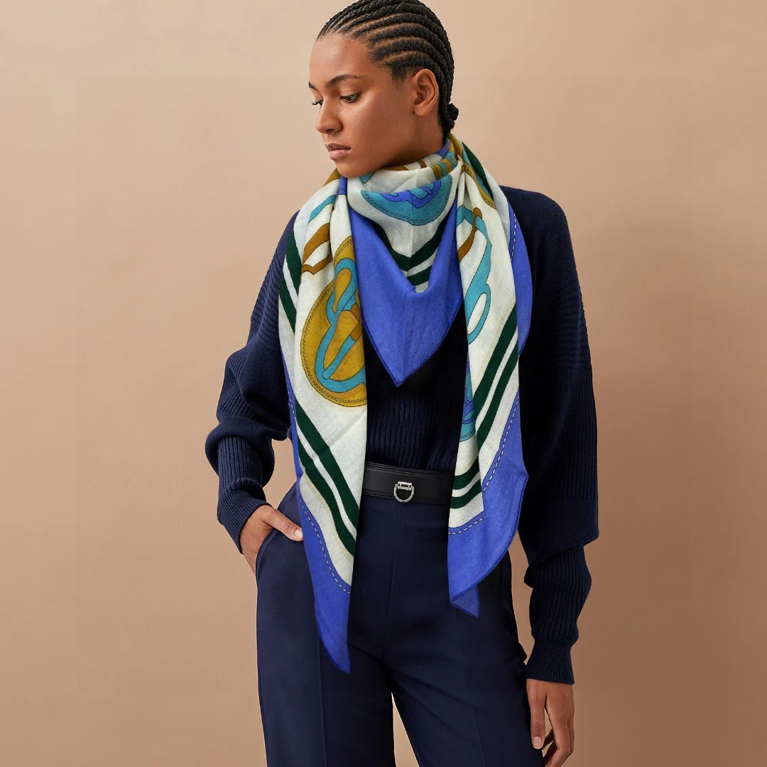 LV - Современный треугольный шарф с пряжкой - 94 - 188 - 70 - Кашемир - 30 - Шелк - Синий