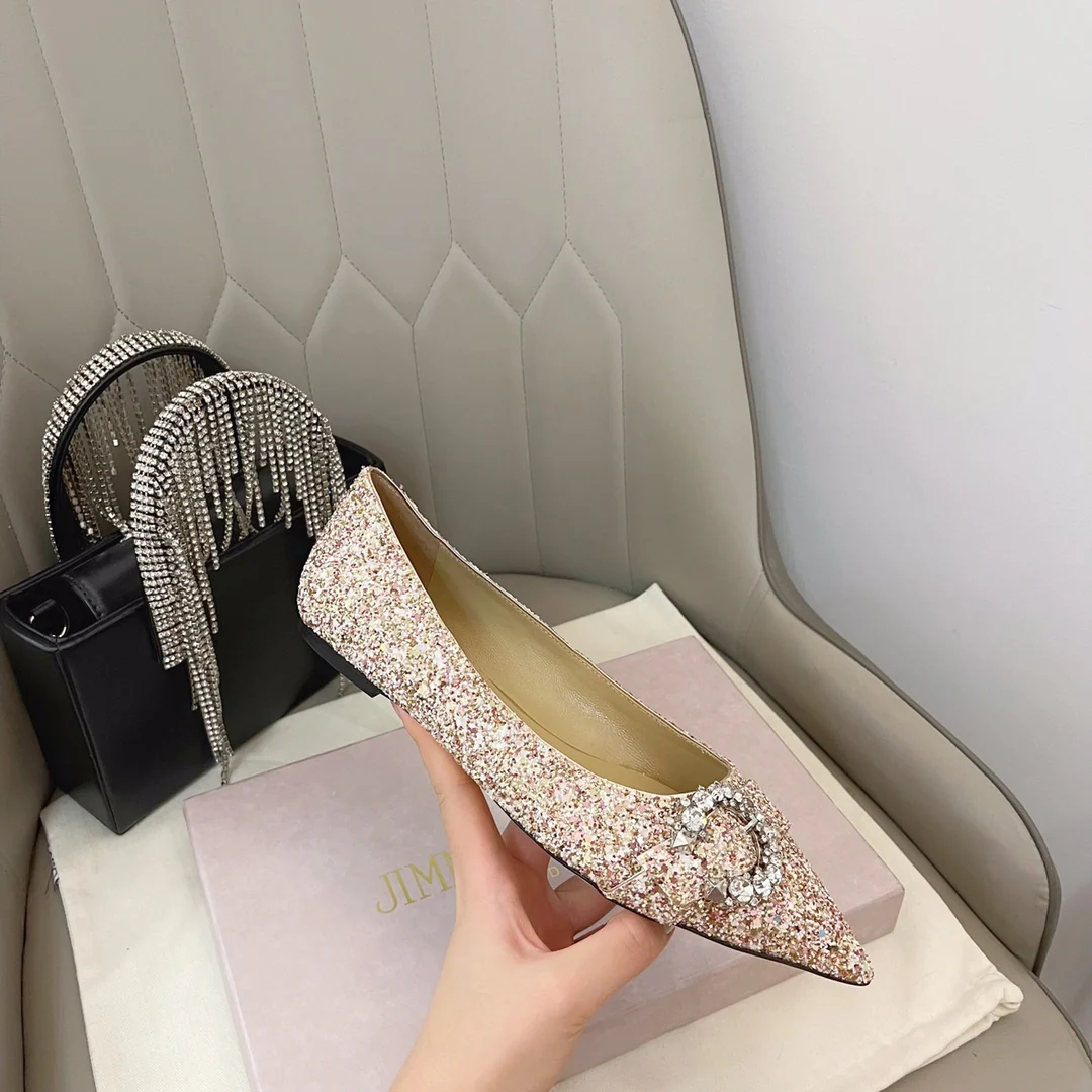 Jimmy - Туфли-балетки с застежкой на С-образный носок и стразами - Остроносые - Цвет: розовое золото