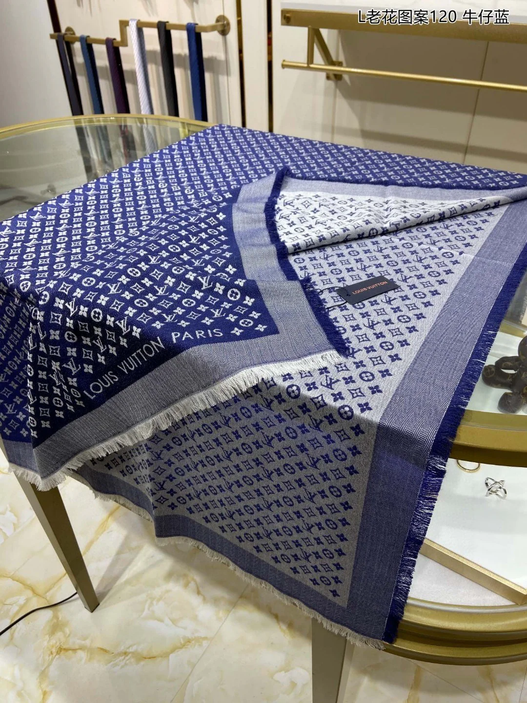 Шарф LV Monogram - 120 см - Шелк и шерсть - Синий