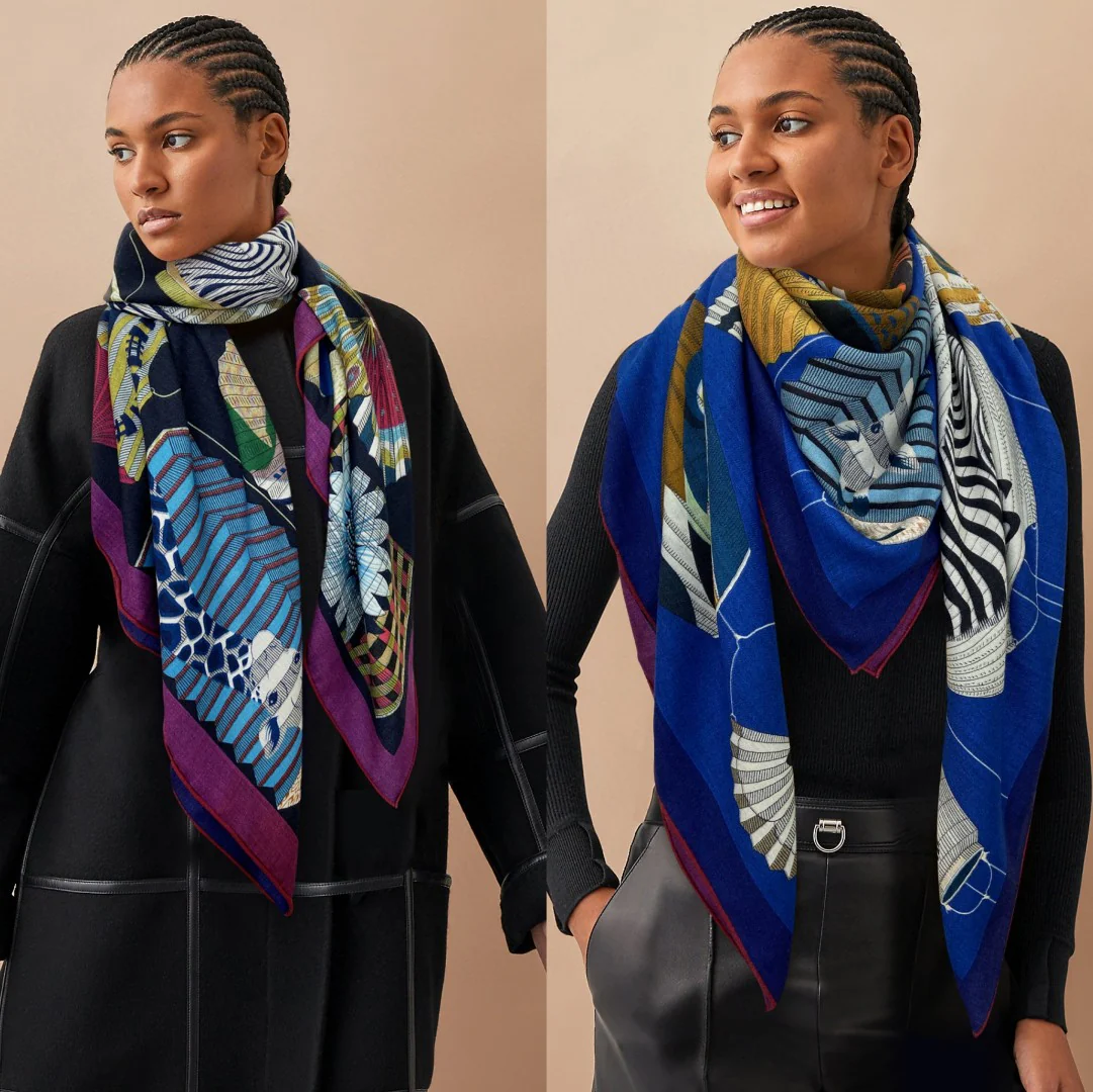 Двусторонний квадратный шарф Hermes ?Китайский фонарь? — 140 см — 70% кашемир — 30% шелк