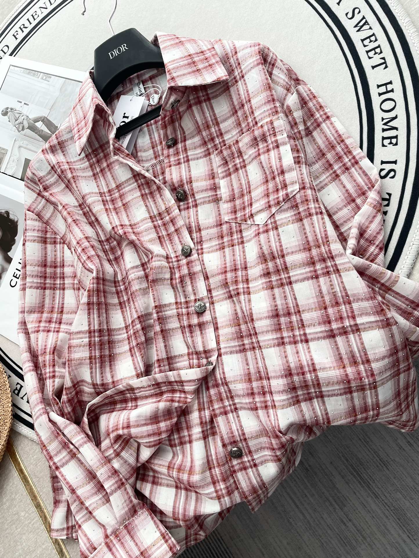 Miu Miu - 2404 - Классическая клетчатая рубашка, украшенная стразами - Красная