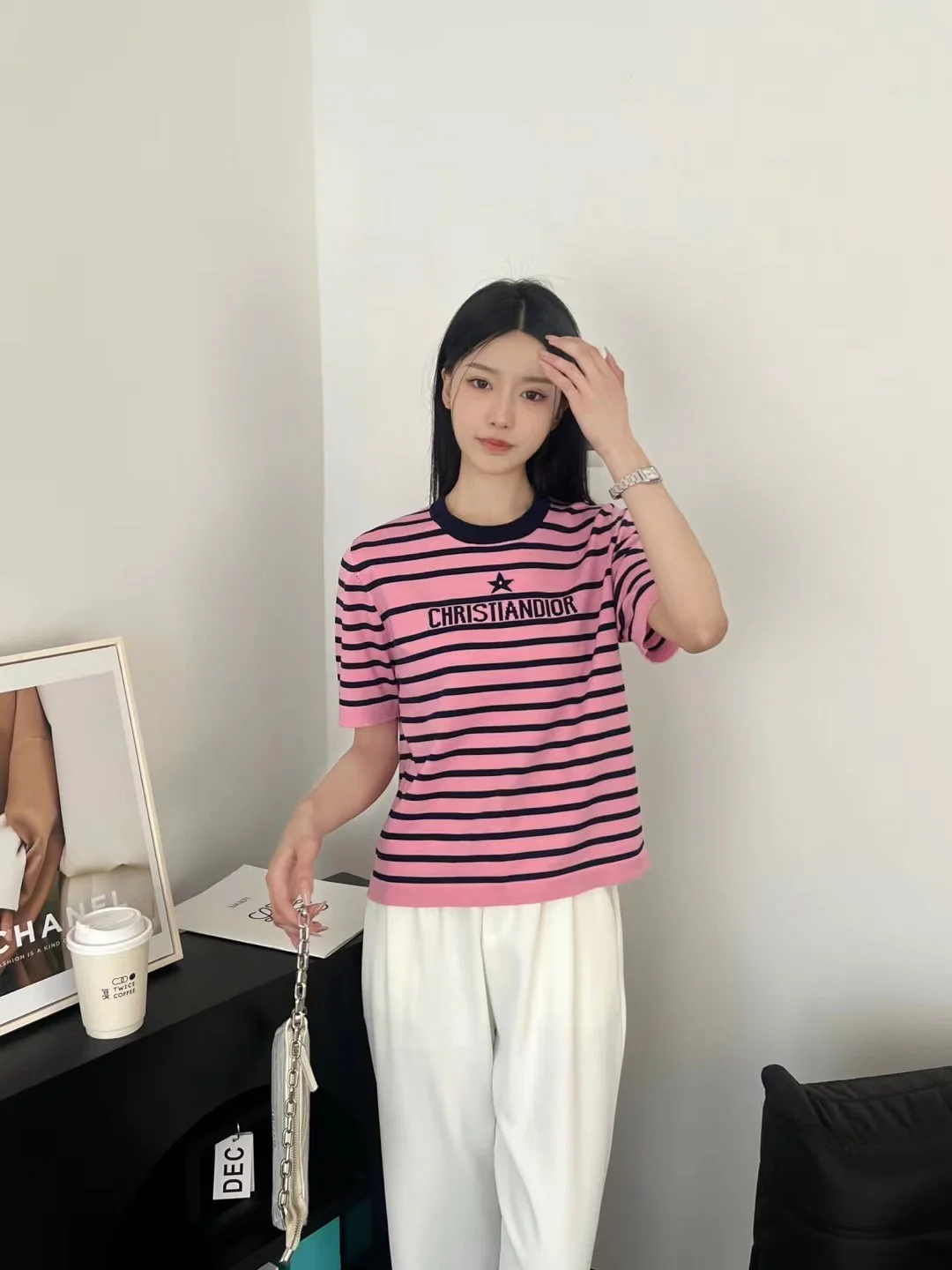 Вязаный свитер Dior 2403 в темно-синюю полоску