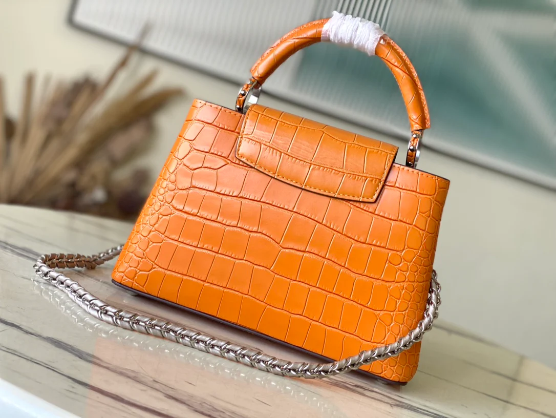 n48865-LV-capucines-bb сумка/сумка через плечо, глянцевая крокодиловая кожа, оранжевый цвет, маленький размер