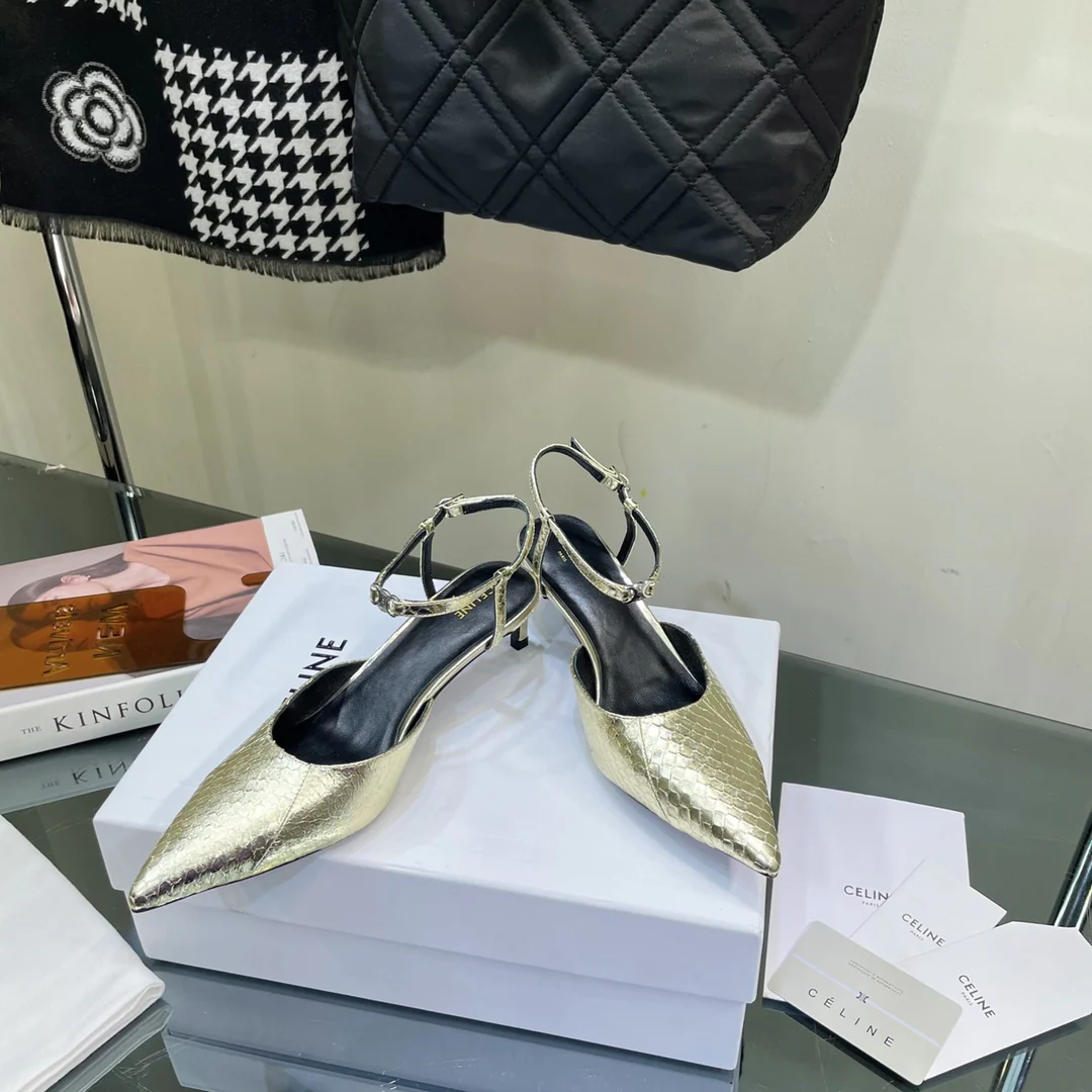 Новинка сезона весна/лето 2023 от Celine — сандалии на низком каблуке с острым носком.