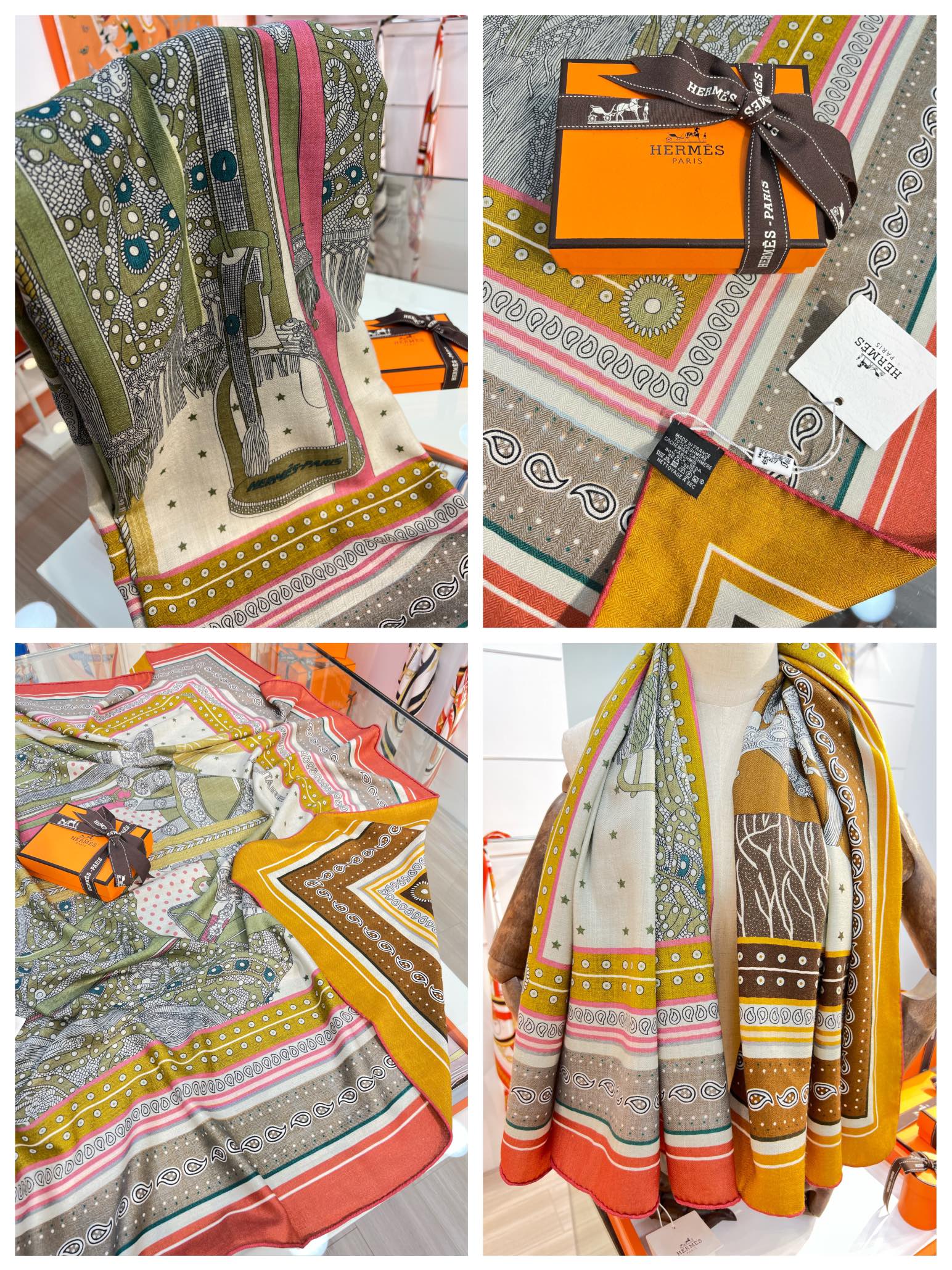 Большой двусторонний бархатный шарф Hermes - 140 см - 001