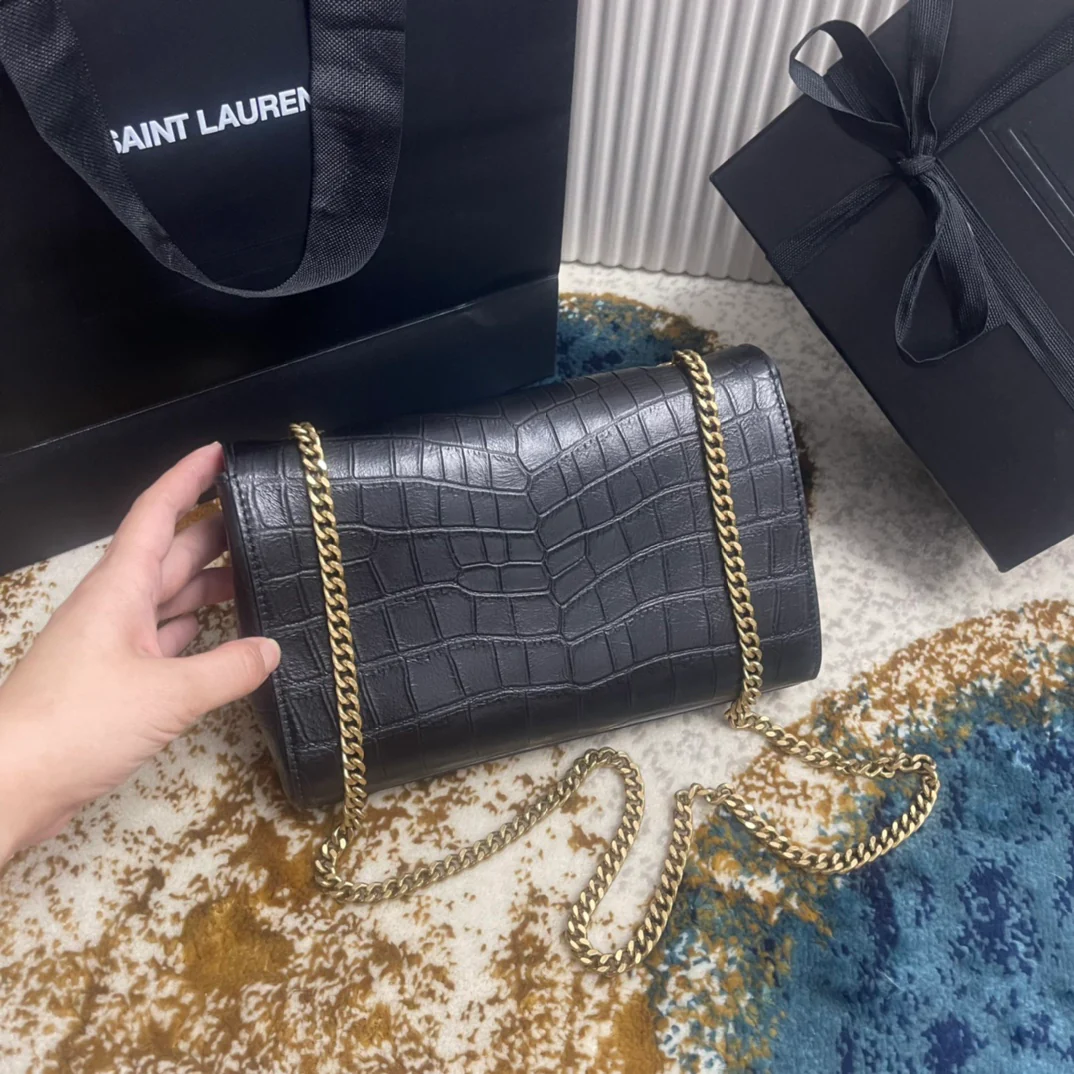 YSL-Kate Double Bread - Кожа с тиснением под крокодила - Черный - 22 см