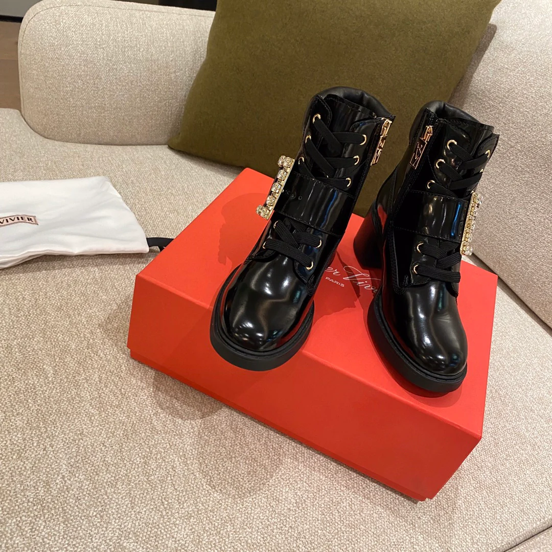 RV - Кожаные ботильоны на шнуровке с пряжкой - Черные