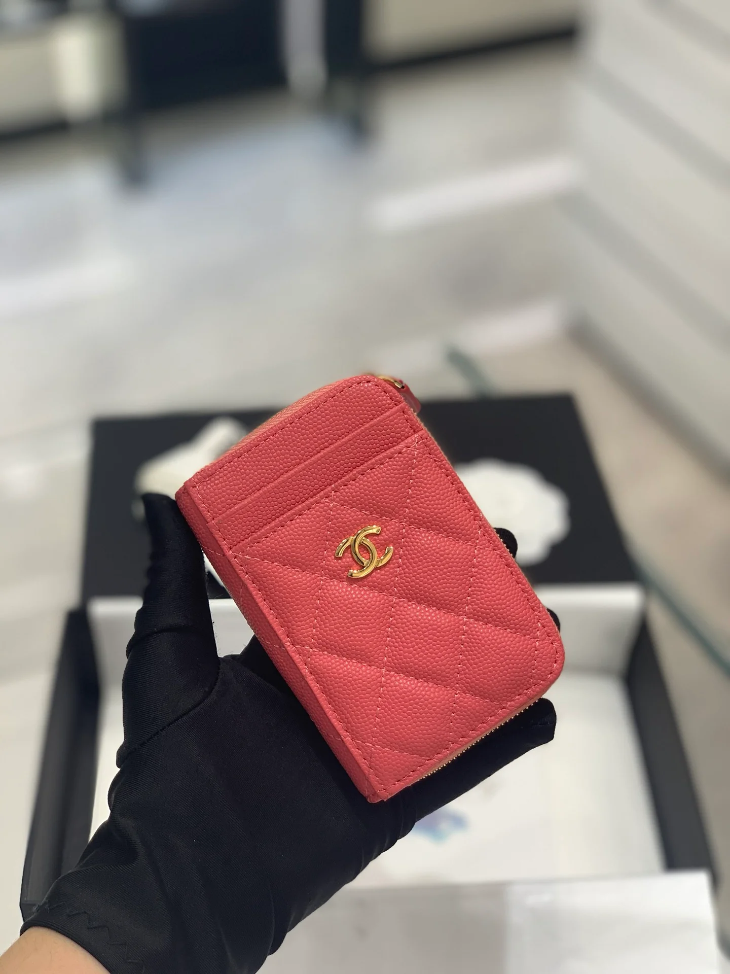 Chanel-菱格纹拉链卡包钱包 粉红色