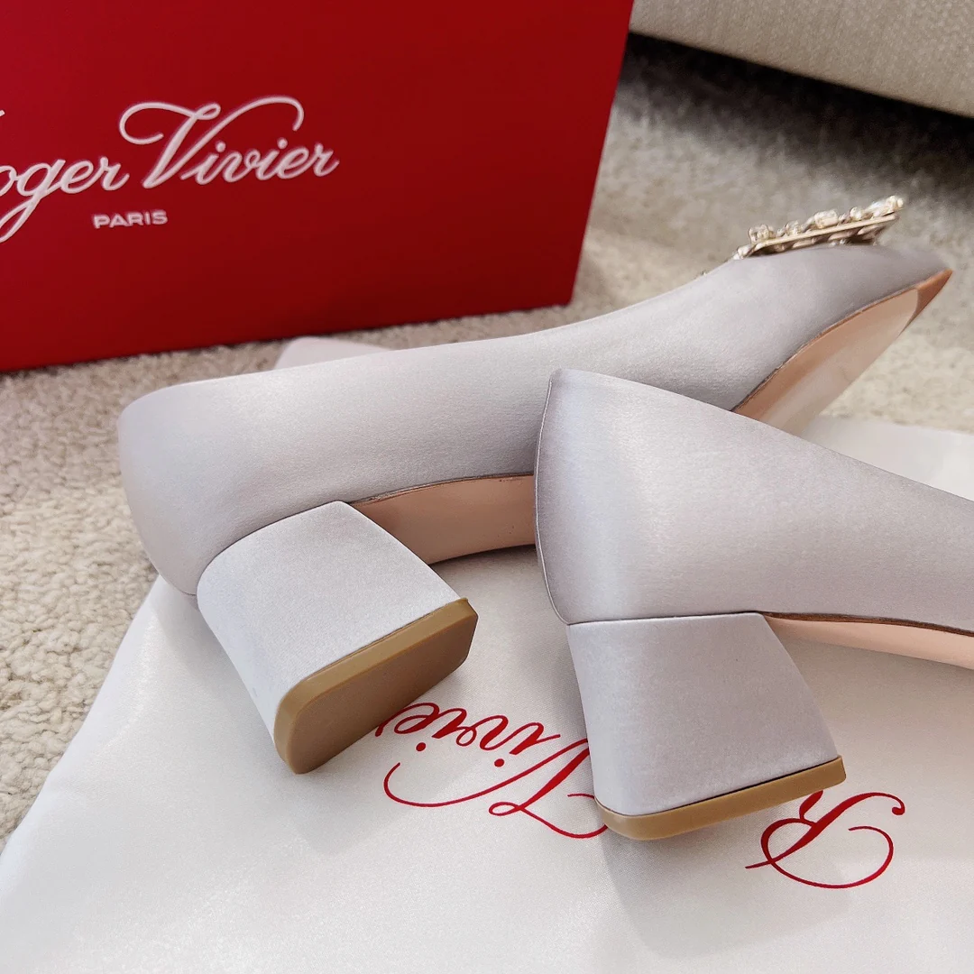 Туфли RV - Версальская пряжка с бриллиантами - низкий блочный каблук - серые