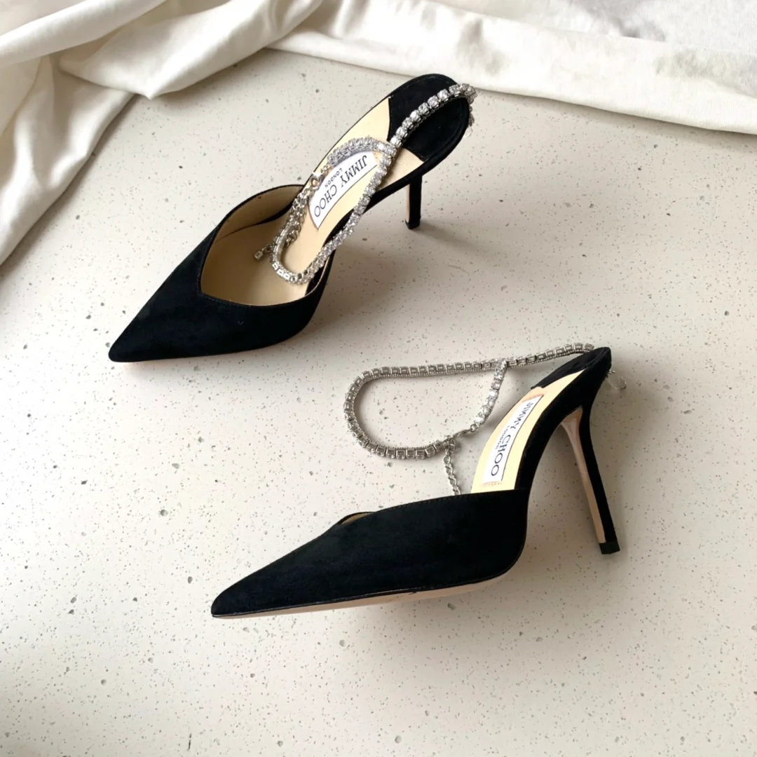 Босоножки на высоком каблуке Jimmy с цепочкой на щиколотке и стразами - Тканевые - Черные