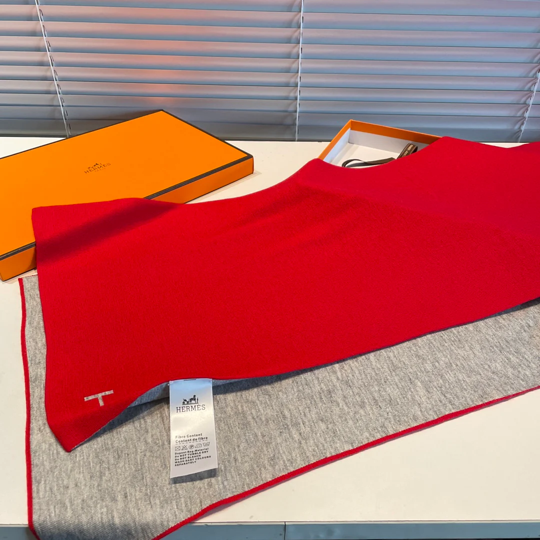 Вязаный кашемировый двусторонний шарф Hermes - 32 см - 180 см - красновато-серый