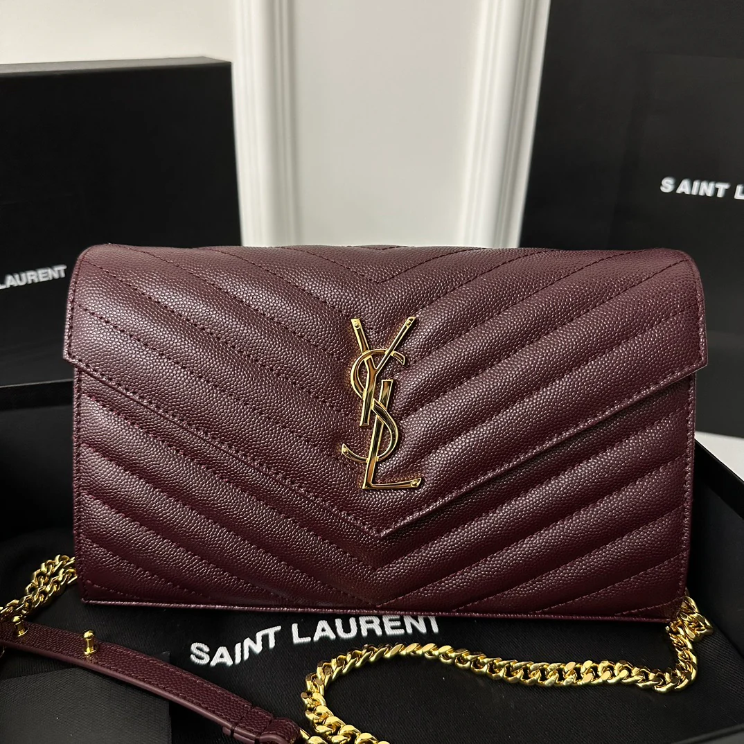 YSL Monogram Caviar - WOC - Бордовый с золотой пряжкой - 22 см