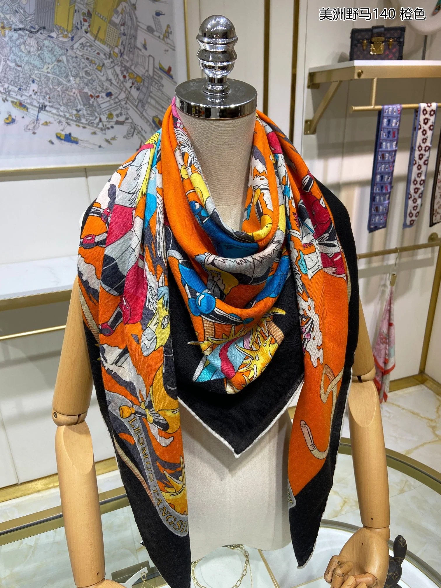 Квадратный шарф Hermes Mustang - 140 см - 70% кашемир - 30% шелк - оранжевый