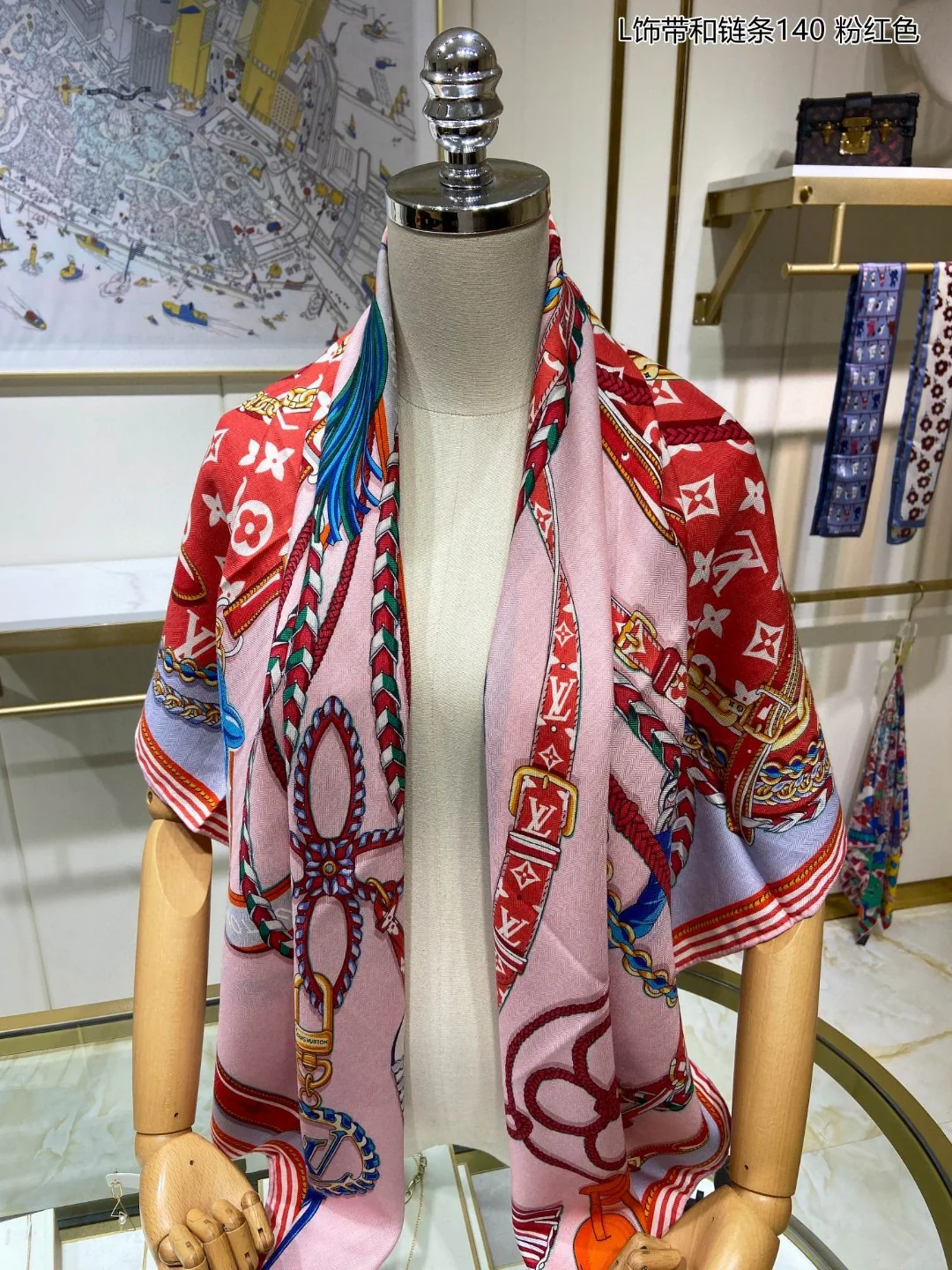 Hermes - Квадратный шарф с лентой и цепочкой - 140 см - 70% кашемир - 30% шелк