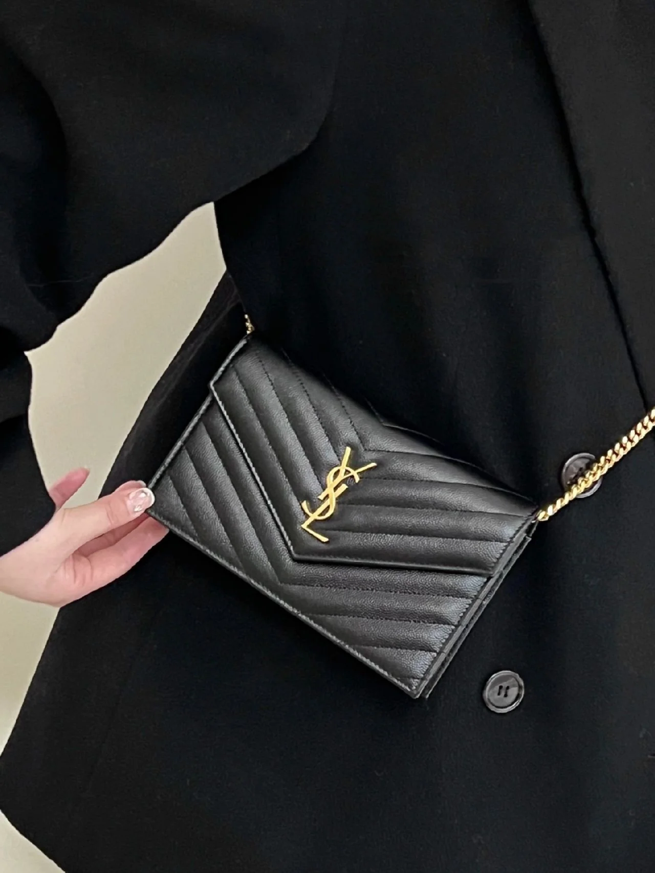 YSL Monogram Caviar WOC Black with Gold Buckle 19cm