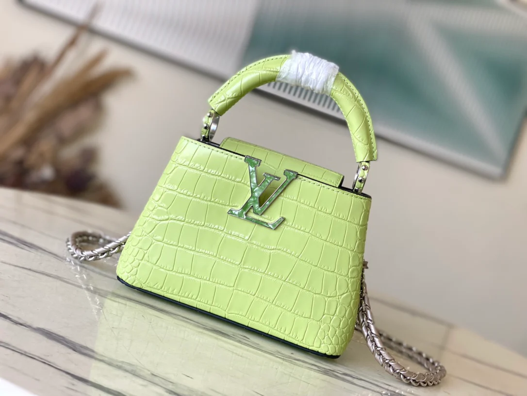 n48865-LV-capucines-bb сумка/сумка через плечо из глянцевой крокодиловой кожи, мини-сумочка салатового цвета