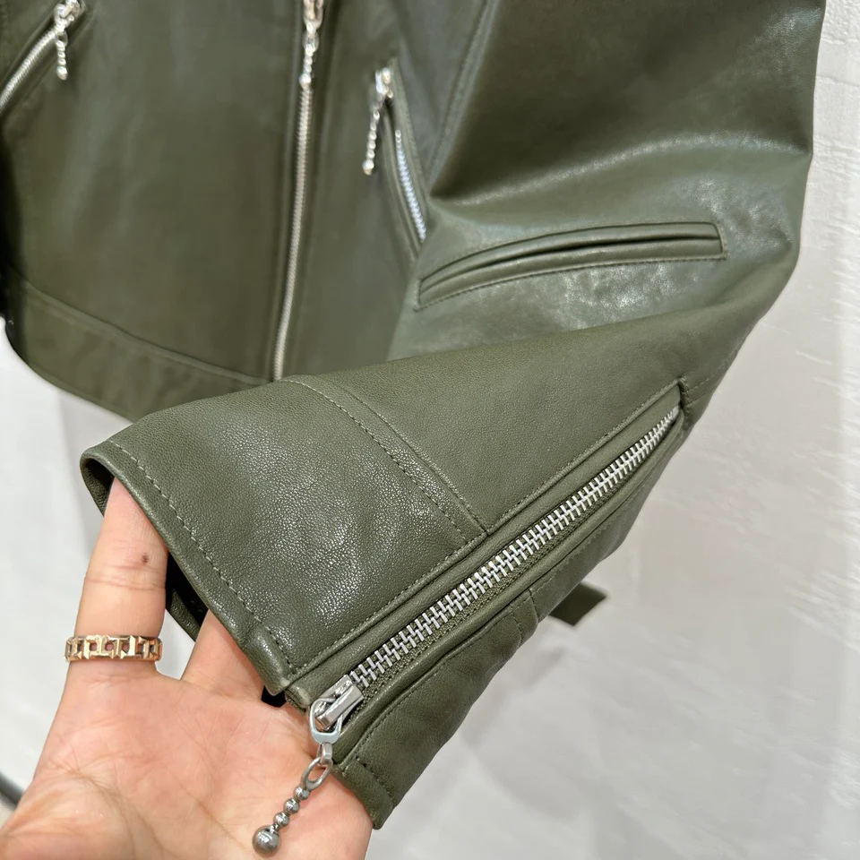 Balenciaga - 2403 - Новинка ранней весны - Стильная кожаная мотоциклетная куртка - Оливково-зеленый