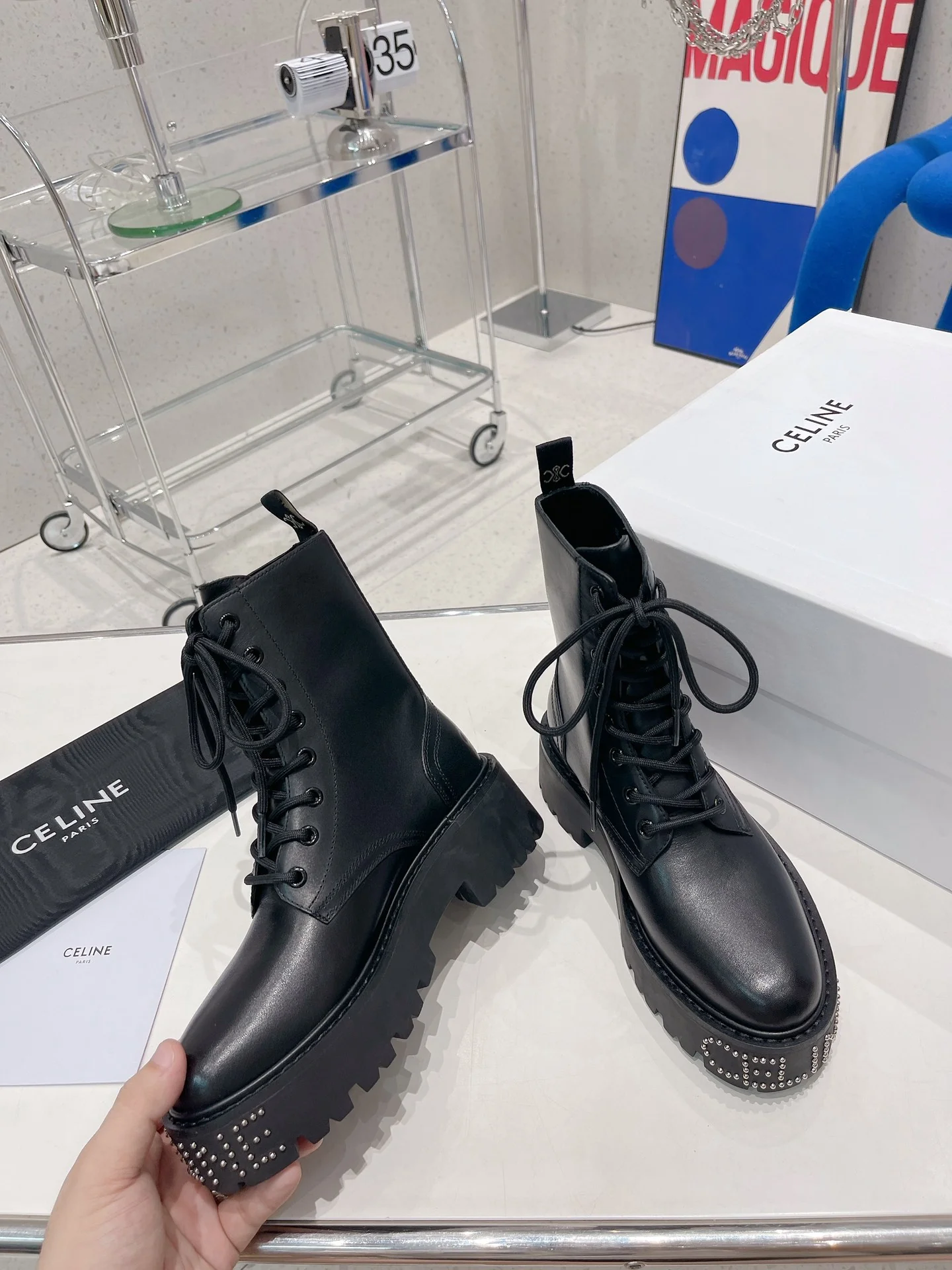 Celine - Новинка начала осени, размер 22 - Ботильоны на шнуровке с заклепками и буквами - Размеры 35-41