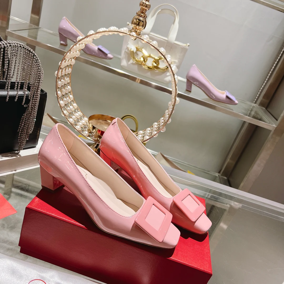 Обувь RV - Новинка весны 2023 - Лакированные туфли на низком каблуке - Розовые