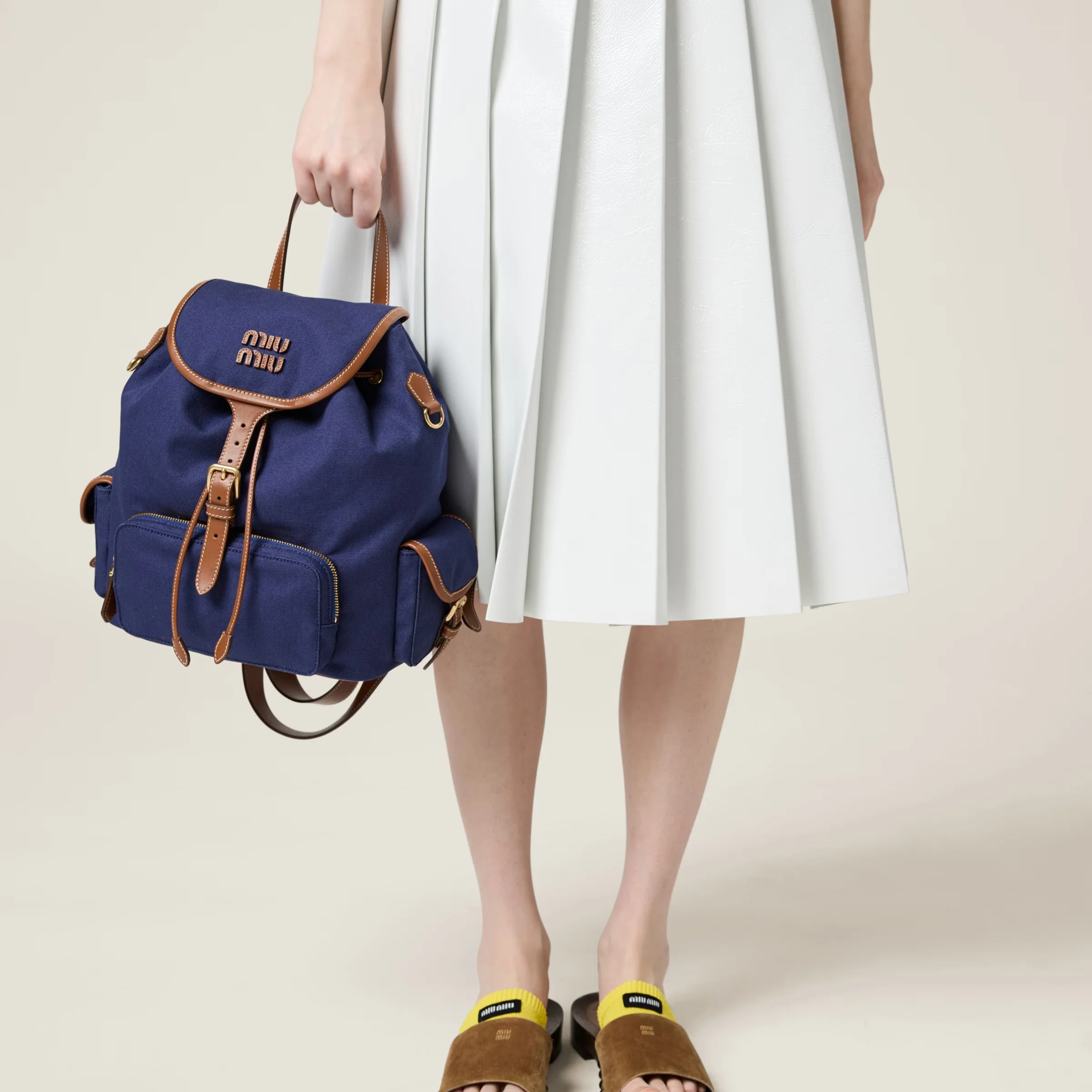 Рюкзак Miu Miu из канваса и кожи - Большой - Васильково-синий - Бренди