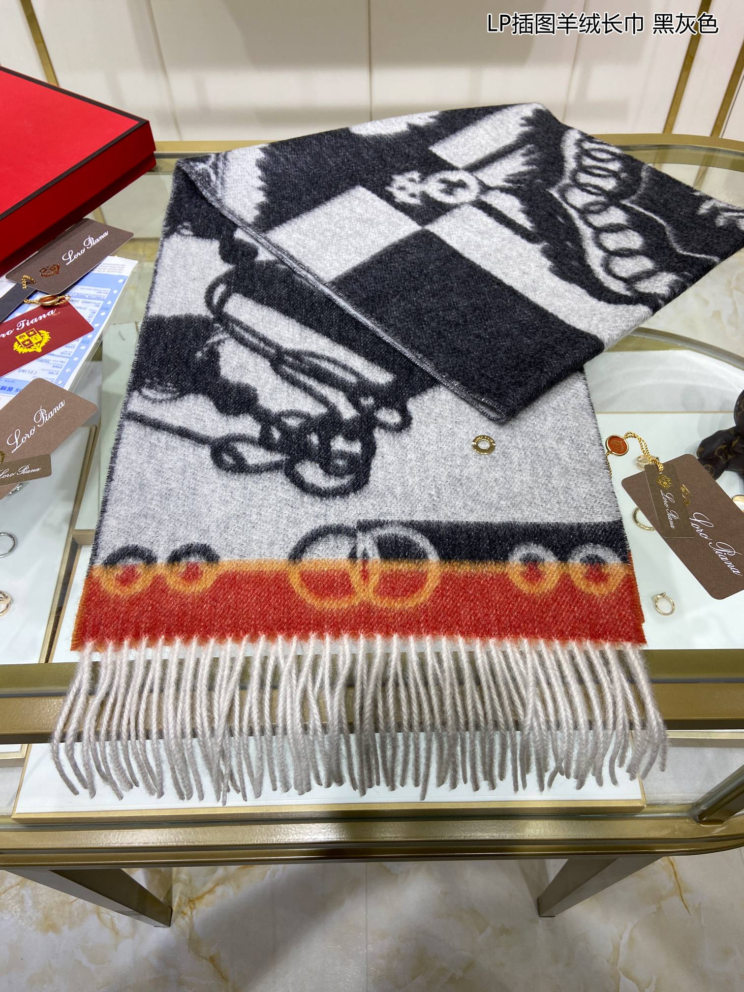 Loro Piana - Длинный кашемировый шарф с иллюстрацией - 33 - 190 см - 100 г - Кашемир высшего качества - 2 шт.