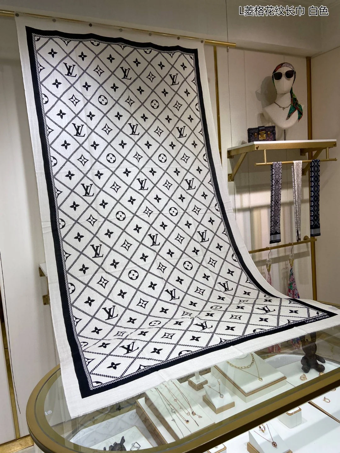 Стеганый шарф LV - 110-200 см - Кашемир 100% чистоты - Белый