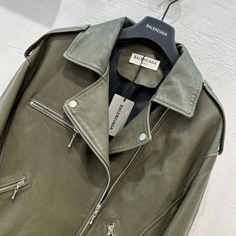 Balenciaga - 2403 - Новинка ранней весны - Стильная кожаная мотоциклетная куртка - Оливково-зеленый