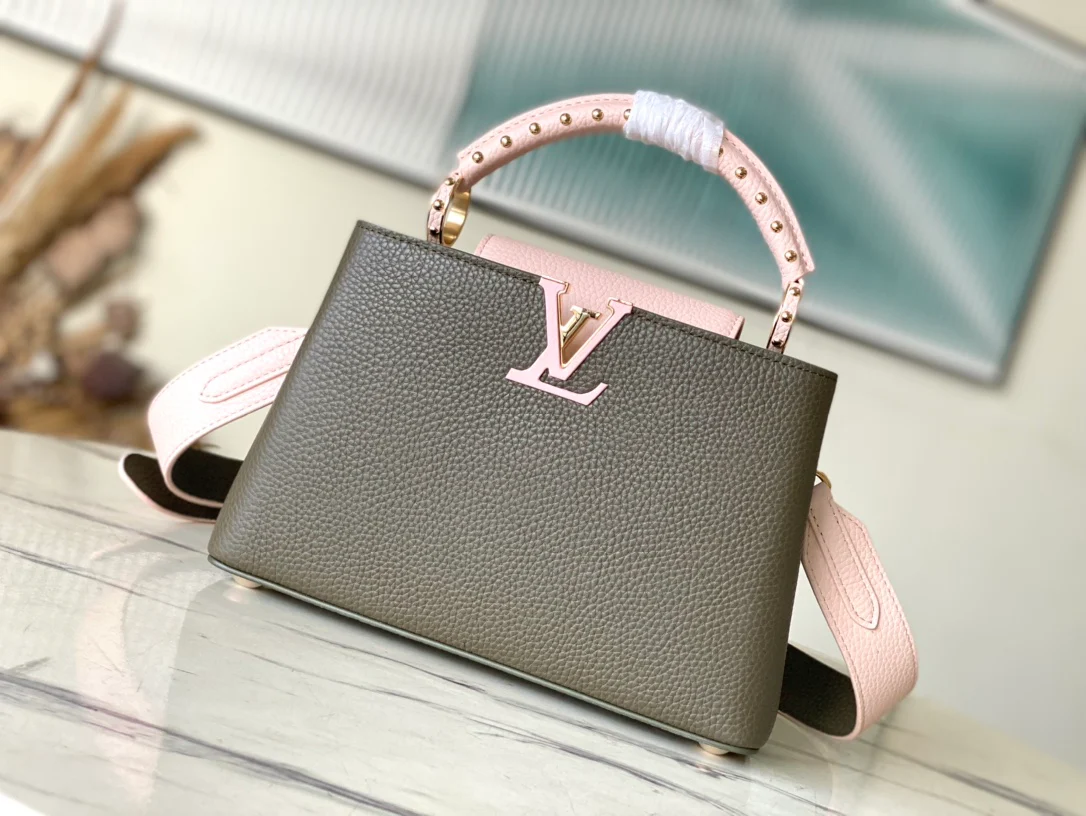 m58695-LV-Сумка Capucines - Цвет хаки с розовыми заклепками - Средний размер