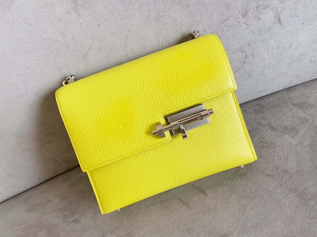 Hermes Verrou Mini Goatskin 9r Lemon Yellow Silver Buckle