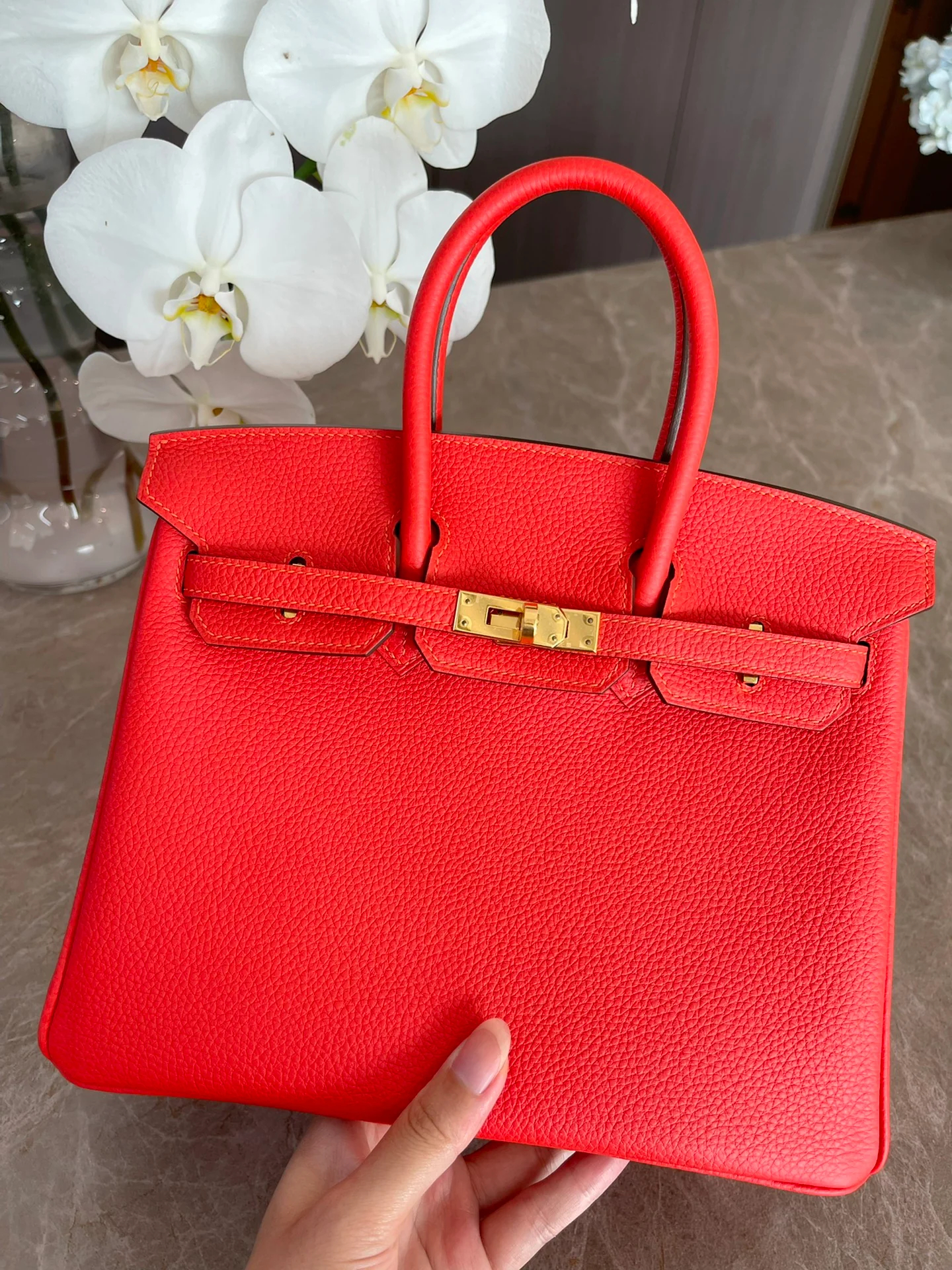 Сумка Hermes Birkin 25 Togo 9T огненно-красного цвета с золотой пряжкой.